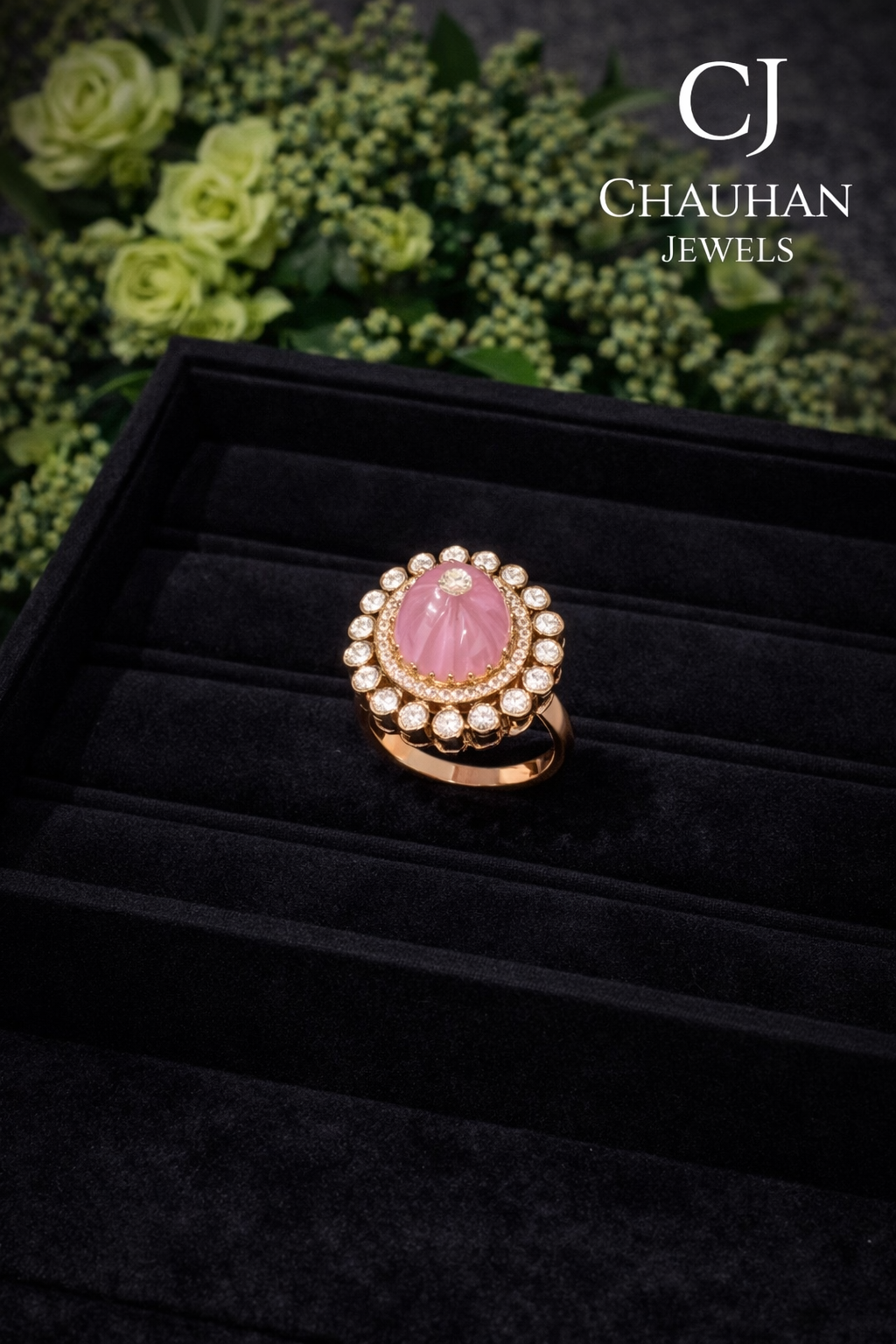 Vintage Rose Fluted Cabochon Halo Statement Ring
