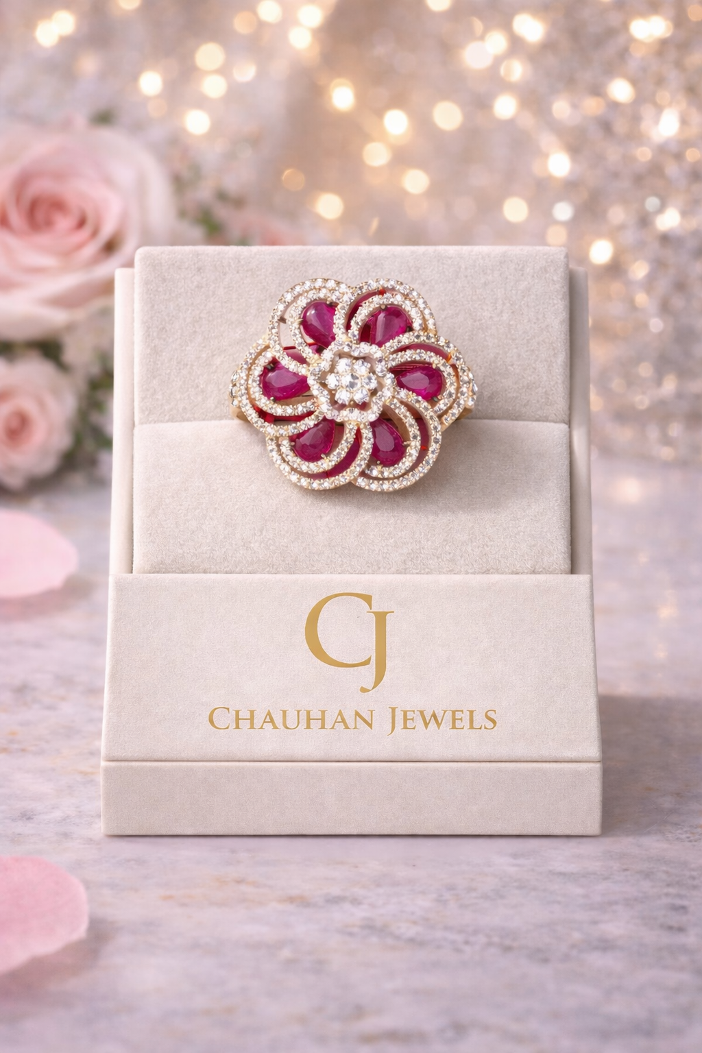 Exquisite Gold-Plated Floral Statement Ring with Ruby-Red Stones and Cubic Zirconia
