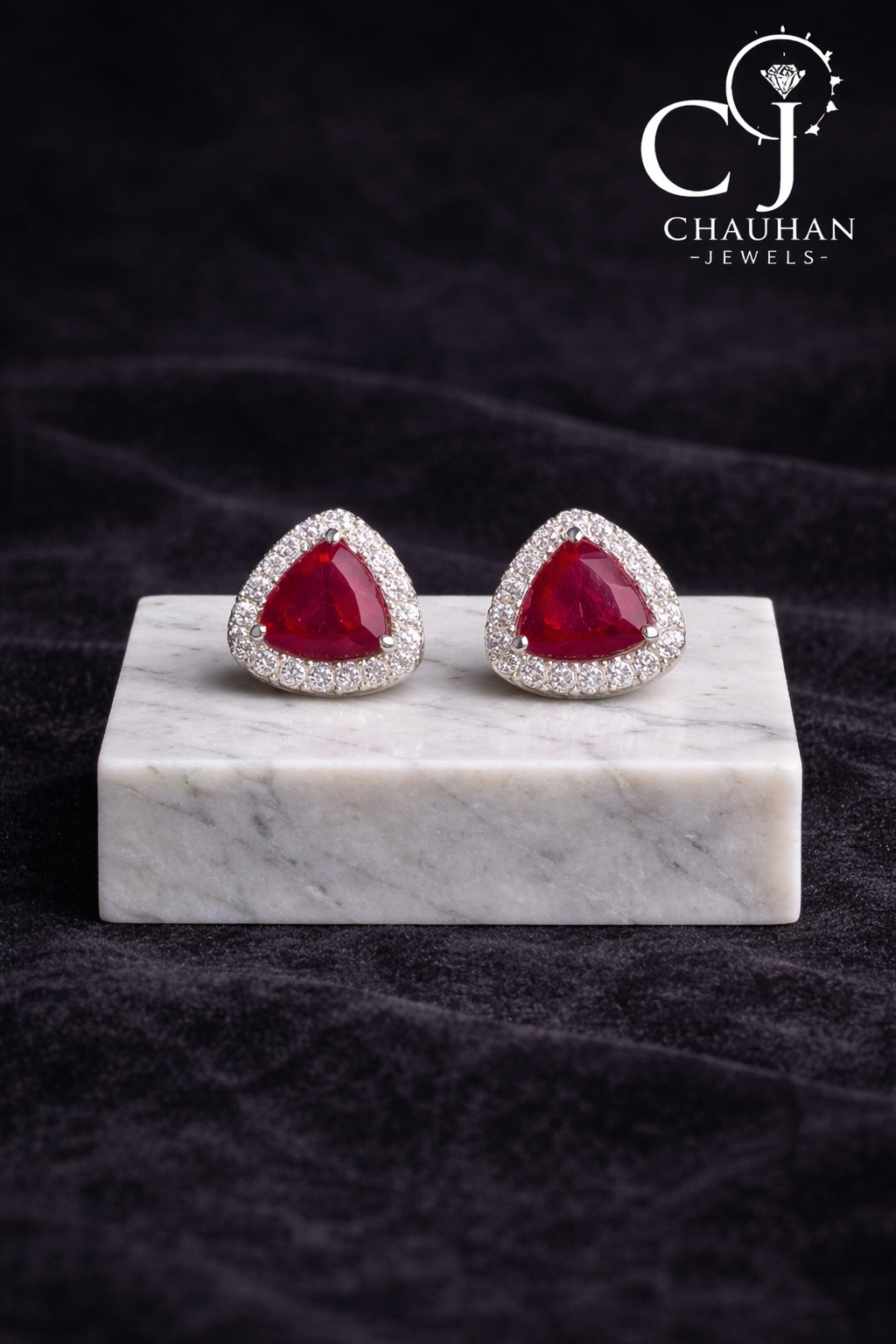 💎 Crimson Elegance Trillion Halo Stud Earrings