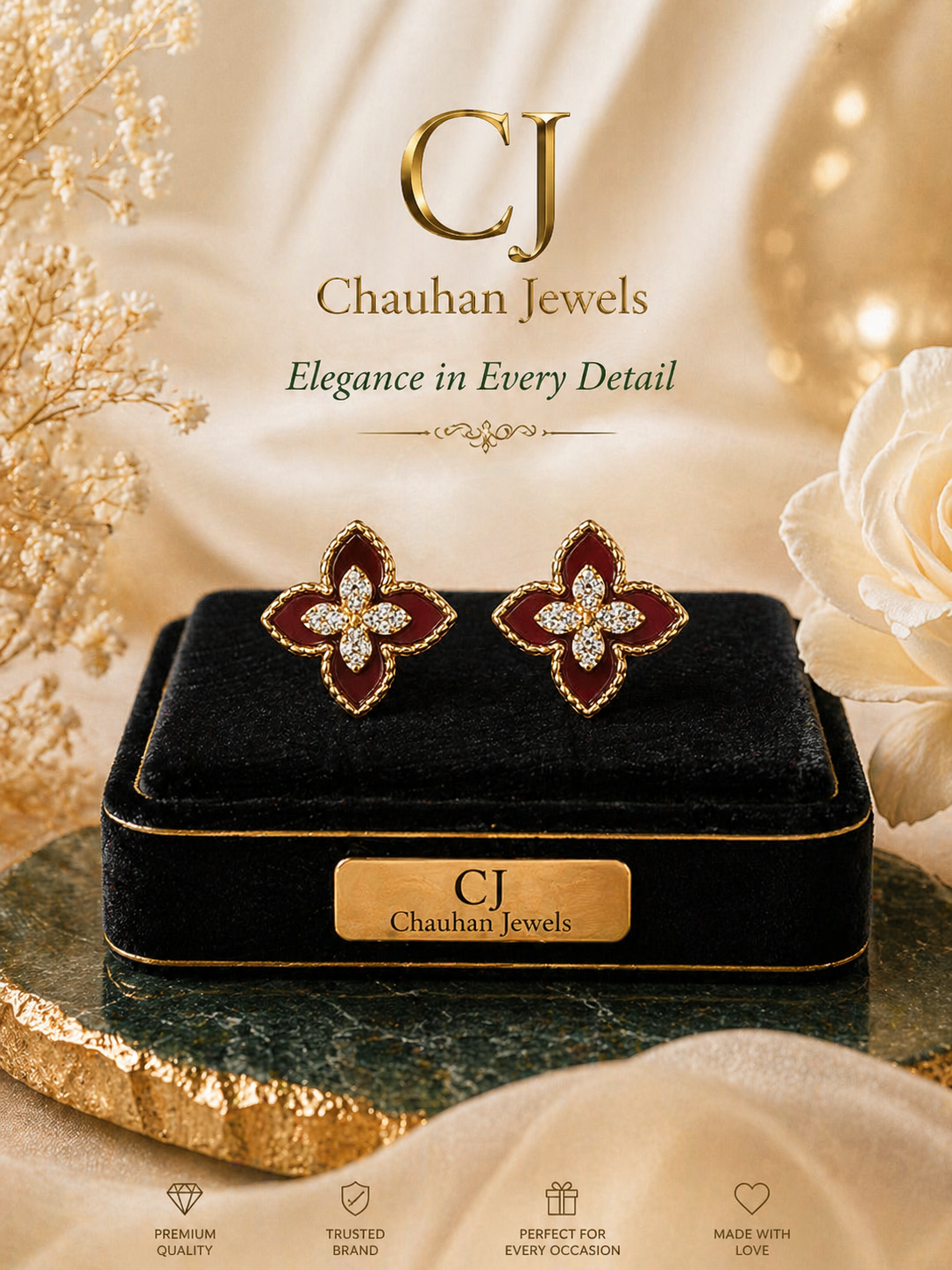 Gold-Plated Red Clover Stud Earrings with Cubic Zirconia