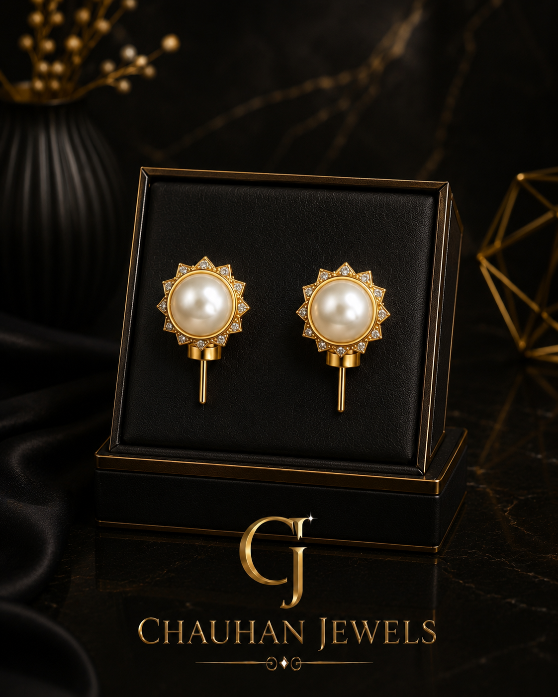 Elegant Pearl & Sunburst Cubic Zirconia Gold-Plated Stud Earrings