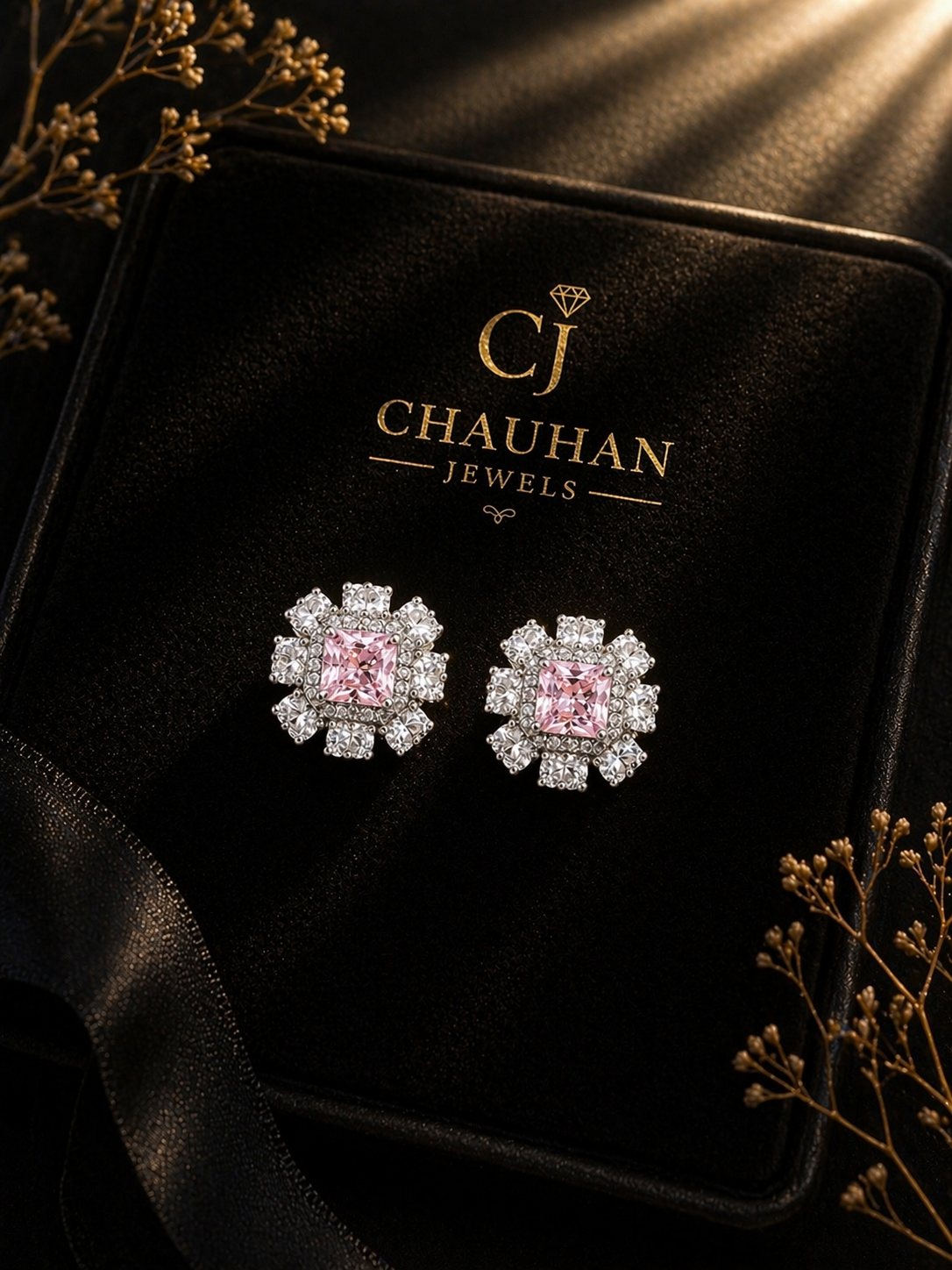 Elegant Cushion-Cut Pink CZ Floral Stud Earrings