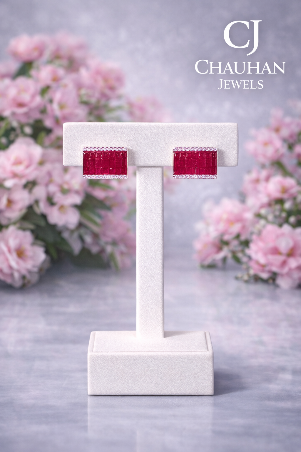 Elegant Ruby Red Emerald-Cut Statement Stud Earrings – 18K Gold Plated Cubic Zirconia Tops