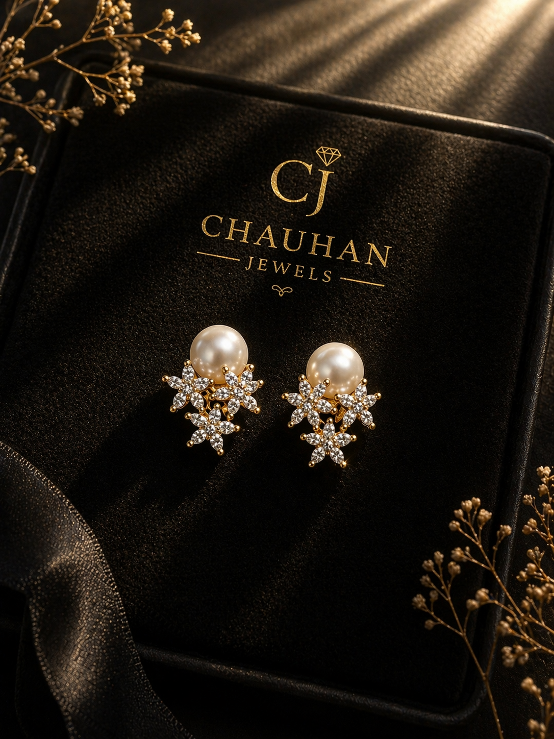 Pearl & Floral Blossom Gold Plated Stud Earrings