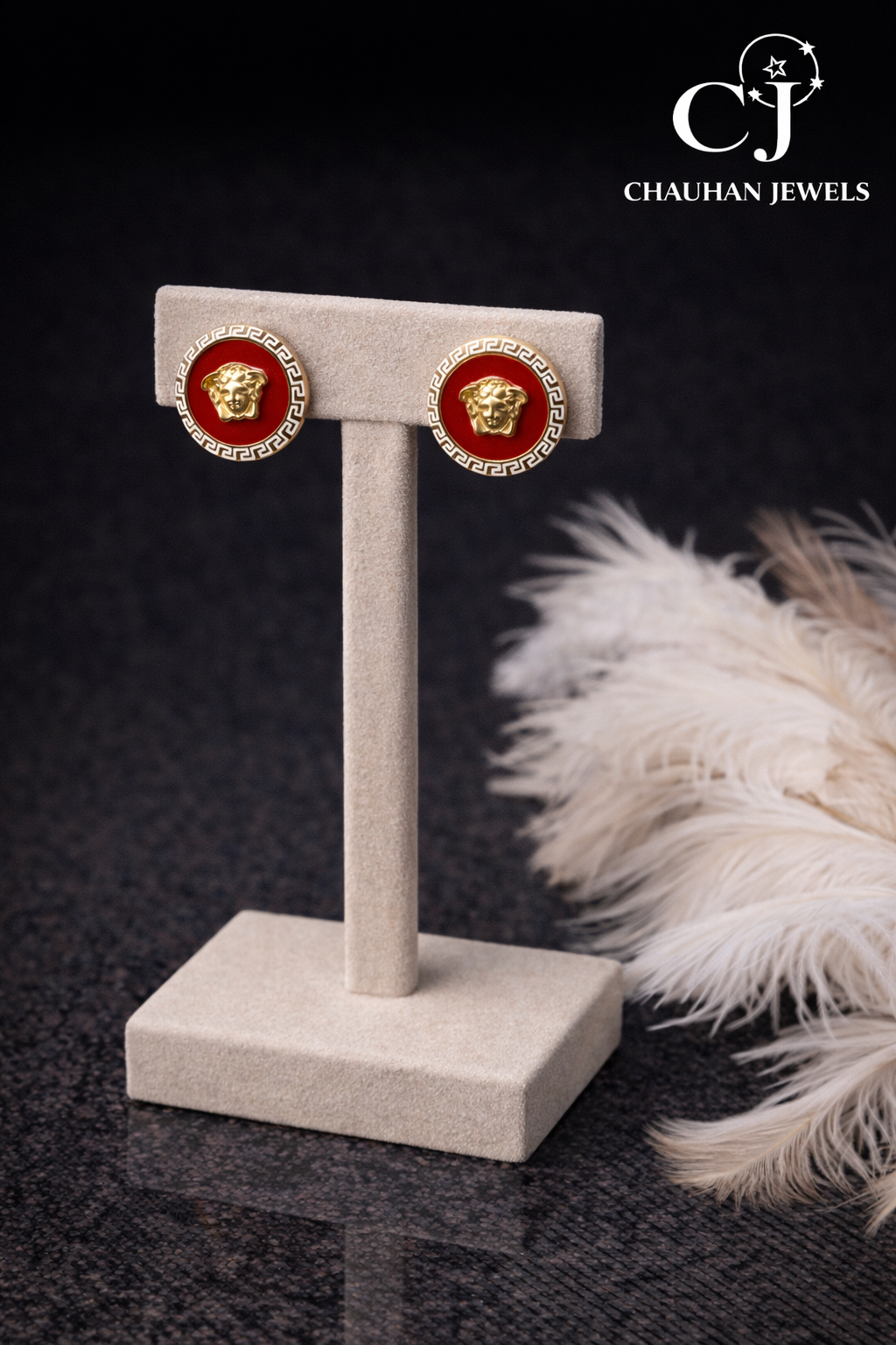 Medusa Elegance Gold-Plated Stud Earrings with Red Enamel & Cubic Zirconia