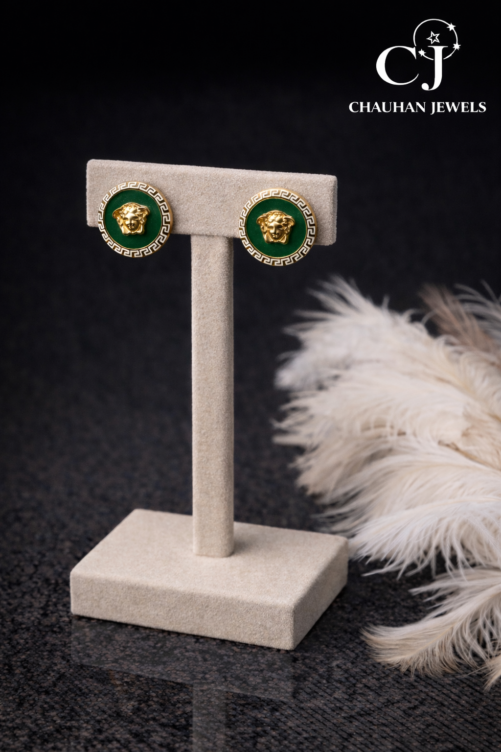 Medusa Elegance Gold-Plated Stud Earrings with Red Enamel & Cubic Zirconia